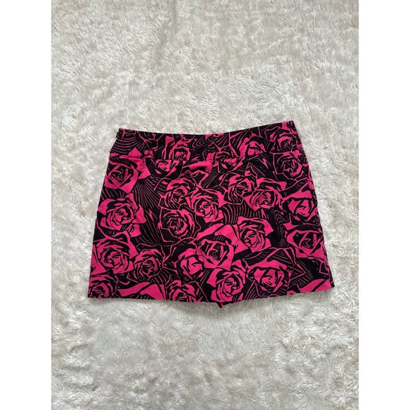 Vintage Express Sz 4 Mini Skirt Skort Pink Black Rose Button Asymmetrical - Picture 7 of 9
